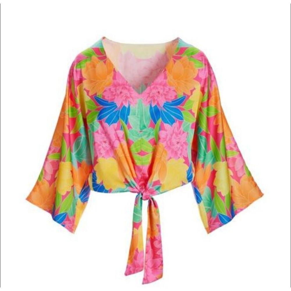 Boston Proper Mirrored Blooms Print Kate Tie-Front Charmeuse Blouse Size Large